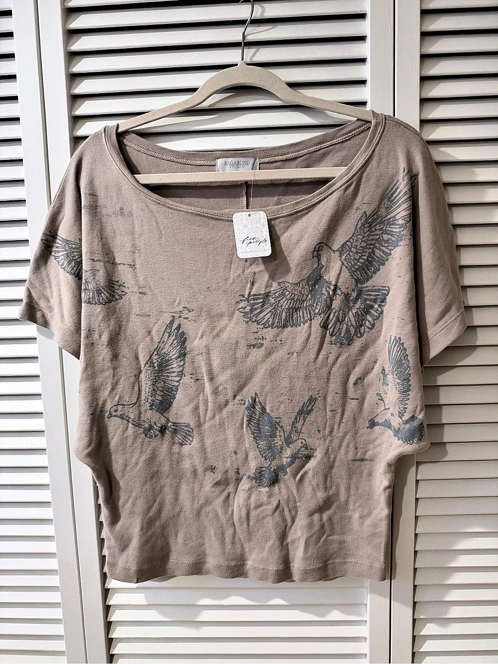 Free People Ragabond Studio Organic Cotton Bird Print Tee XL NWT